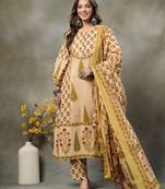 green and peach floral print cotton a-line kurta and trouser with dupatta set
