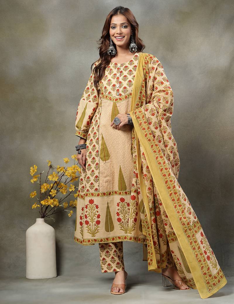 green and peach floral print cotton a-line kurta and trouser with dupatta set