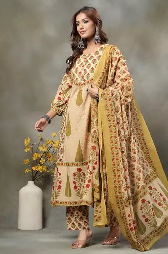 green and peach floral print cotton a-line kurta and trouser with dupatta set