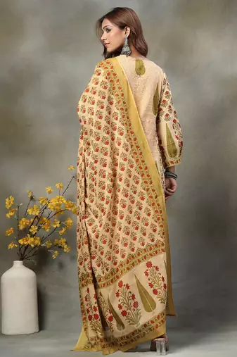 green and peach floral print cotton a-line kurta and trouser with dupatta set