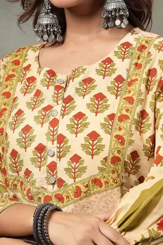 green and peach floral print cotton a-line kurta and trouser with dupatta set