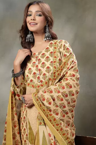 green and peach floral print cotton a-line kurta and trouser with dupatta set