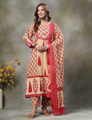 red and peach floral print cotton a-line kurta and trouser with dupatta set 1