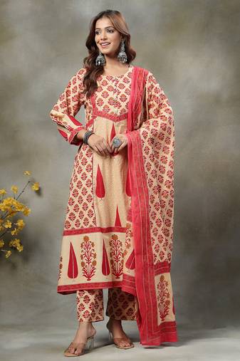 red and peach floral print cotton a-line kurta and trouser with dupatta set