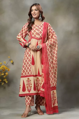 red and peach floral print cotton a-line kurta and trouser with dupatta set