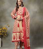 red and peach floral print cotton a-line kurta and trouser with dupatta set