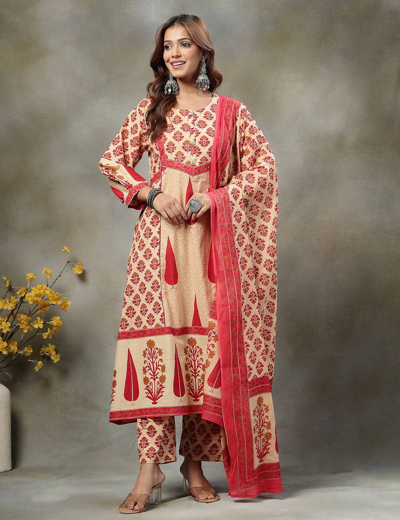 red and peach floral print cotton a-line kurta and trouser with dupatta set