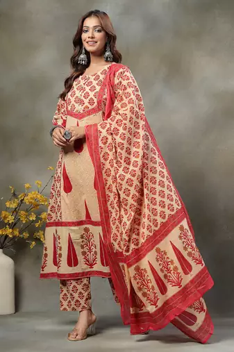 red and peach floral print cotton a-line kurta and trouser with dupatta set