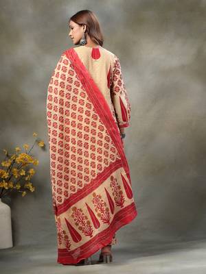 red and peach floral print cotton a-line kurta and trouser with dupatta set 3