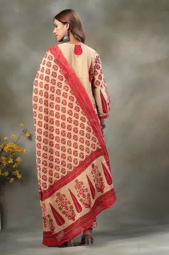 red and peach floral print cotton a-line kurta and trouser with dupatta set