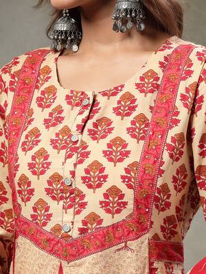red and peach floral print cotton a-line kurta and trouser with dupatta set 4