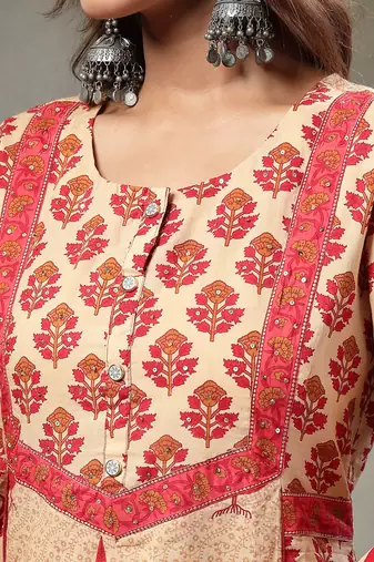red and peach floral print cotton a-line kurta and trouser with dupatta set