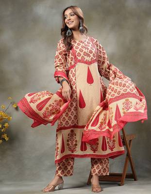 red and peach floral print cotton a-line kurta and trouser with dupatta set 5
