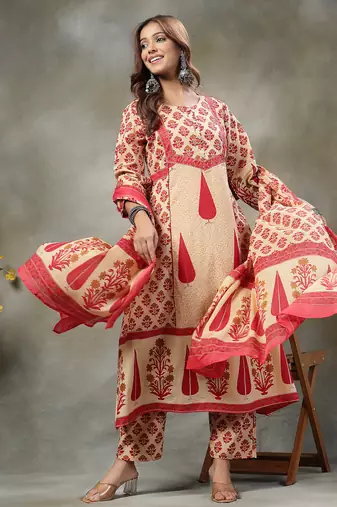 red and peach floral print cotton a-line kurta and trouser with dupatta set