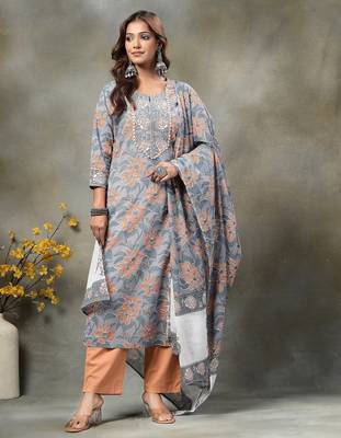 grey hand embroidery cotton straight kurta orange trouser dupatta set 1
