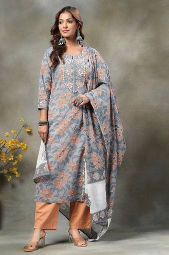 grey hand embroidery cotton straight kurta orange trouser dupatta set