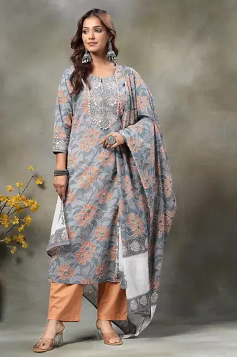 grey hand embroidery cotton straight kurta orange trouser dupatta set