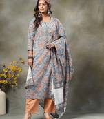 grey hand embroidery cotton straight kurta orange trouser dupatta set