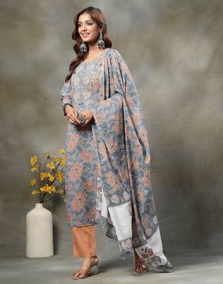 grey hand embroidery cotton straight kurta orange trouser dupatta set 2