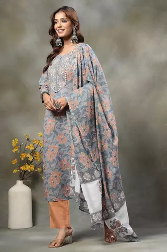 grey hand embroidery cotton straight kurta orange trouser dupatta set