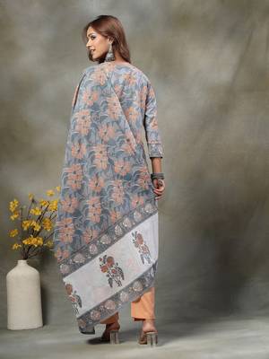 grey hand embroidery cotton straight kurta orange trouser dupatta set 3