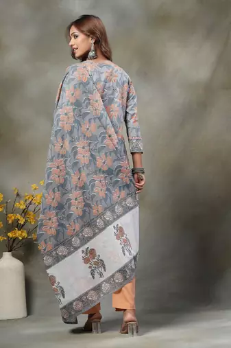grey hand embroidery cotton straight kurta orange trouser dupatta set