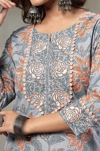grey hand embroidery cotton straight kurta orange trouser dupatta set