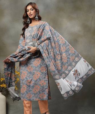 grey hand embroidery cotton straight kurta orange trouser dupatta set 5
