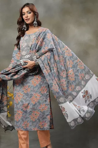 grey hand embroidery cotton straight kurta orange trouser dupatta set