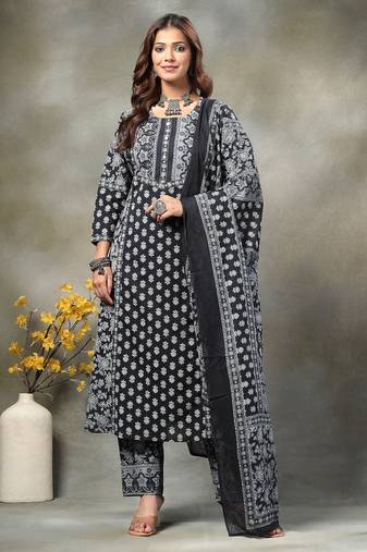 black floral print sequins work cotton a-line kurta and trouser with dupatta set