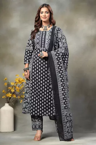 black floral print sequins work cotton a-line kurta and trouser with dupatta set