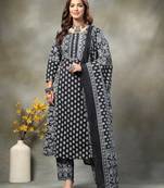 black floral print sequins work cotton a-line kurta and trouser with dupatta set