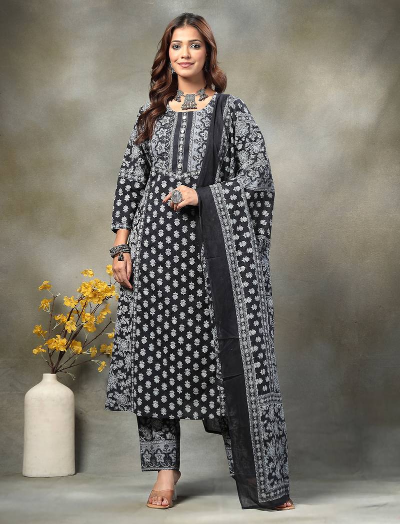black floral print sequins work cotton a-line kurta and trouser with dupatta set