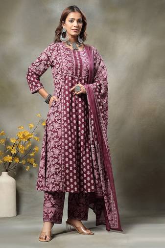 purple floral print sequins work cotton a-line kurta and trouser with dupatta set