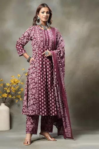 purple floral print sequins work cotton a-line kurta and trouser with dupatta set