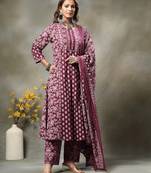purple floral print sequins work cotton a-line kurta and trouser with dupatta set