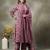 purple floral print sequins work cotton a-line kurta and trouser with dupatta set