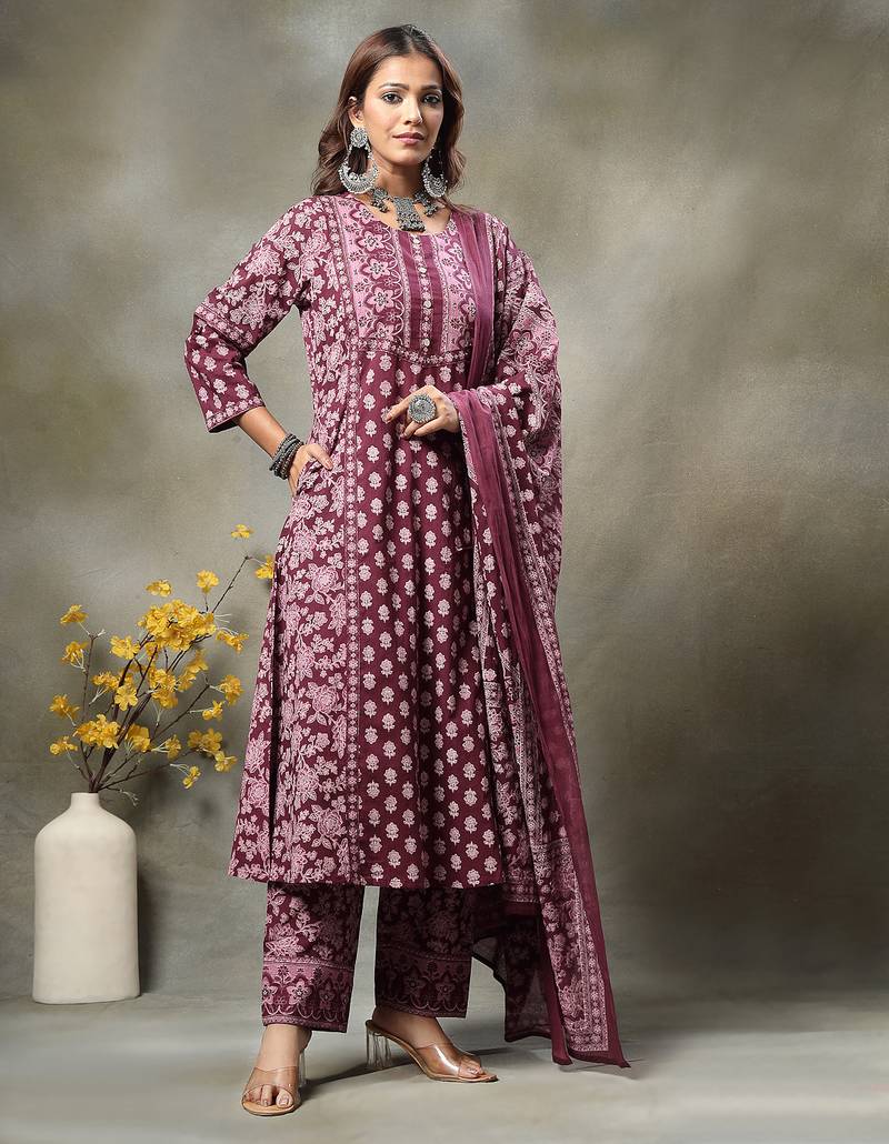 purple floral print sequins work cotton a-line kurta and trouser with dupatta set