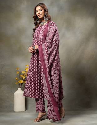 purple floral print sequins work cotton a-line kurta and trouser with dupatta set 2