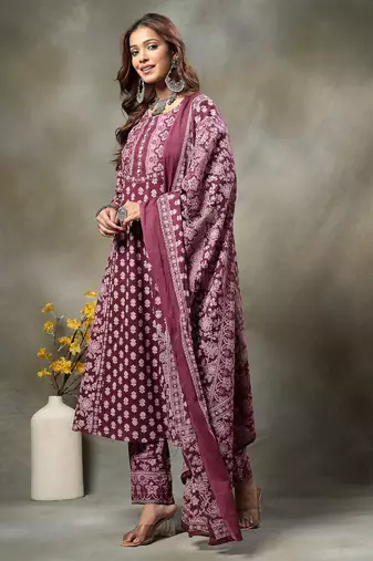 purple floral print sequins work cotton a-line kurta and trouser with dupatta set