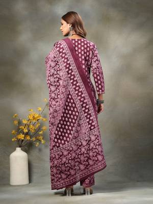 purple floral print sequins work cotton a-line kurta and trouser with dupatta set 3
