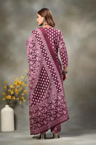 purple floral print sequins work cotton a-line kurta and trouser with dupatta set