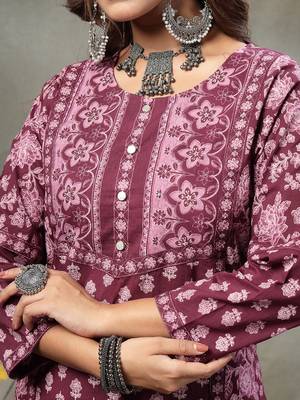purple floral print sequins work cotton a-line kurta and trouser with dupatta set 4