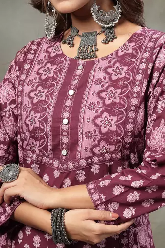 purple floral print sequins work cotton a-line kurta and trouser with dupatta set