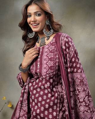 purple floral print sequins work cotton a-line kurta and trouser with dupatta set 5