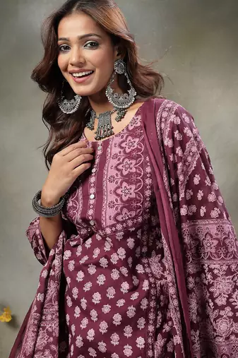 purple floral print sequins work cotton a-line kurta and trouser with dupatta set