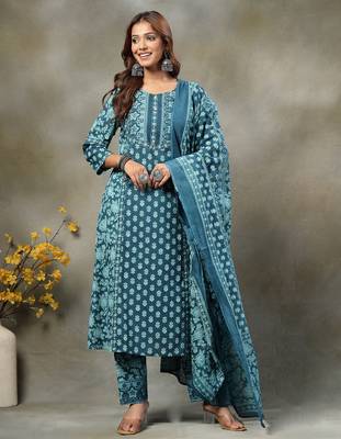 teal blue  floral print sequins work cotton a-line kurta and trouser with dupatta set 1