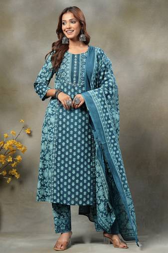 teal blue  floral print sequins work cotton a-line kurta and trouser with dupatta set