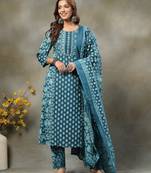 teal blue  floral print sequins work cotton a-line kurta and trouser with dupatta set