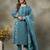 teal blue  floral print sequins work cotton a-line kurta and trouser with dupatta set